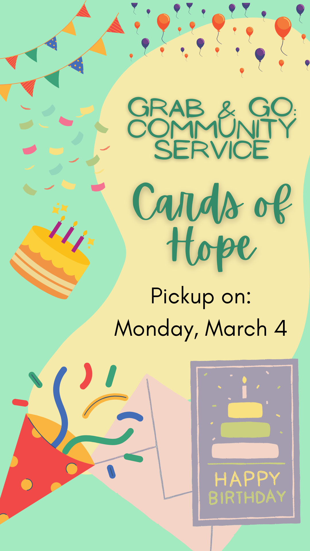 birthday cake, card and decorations with program details