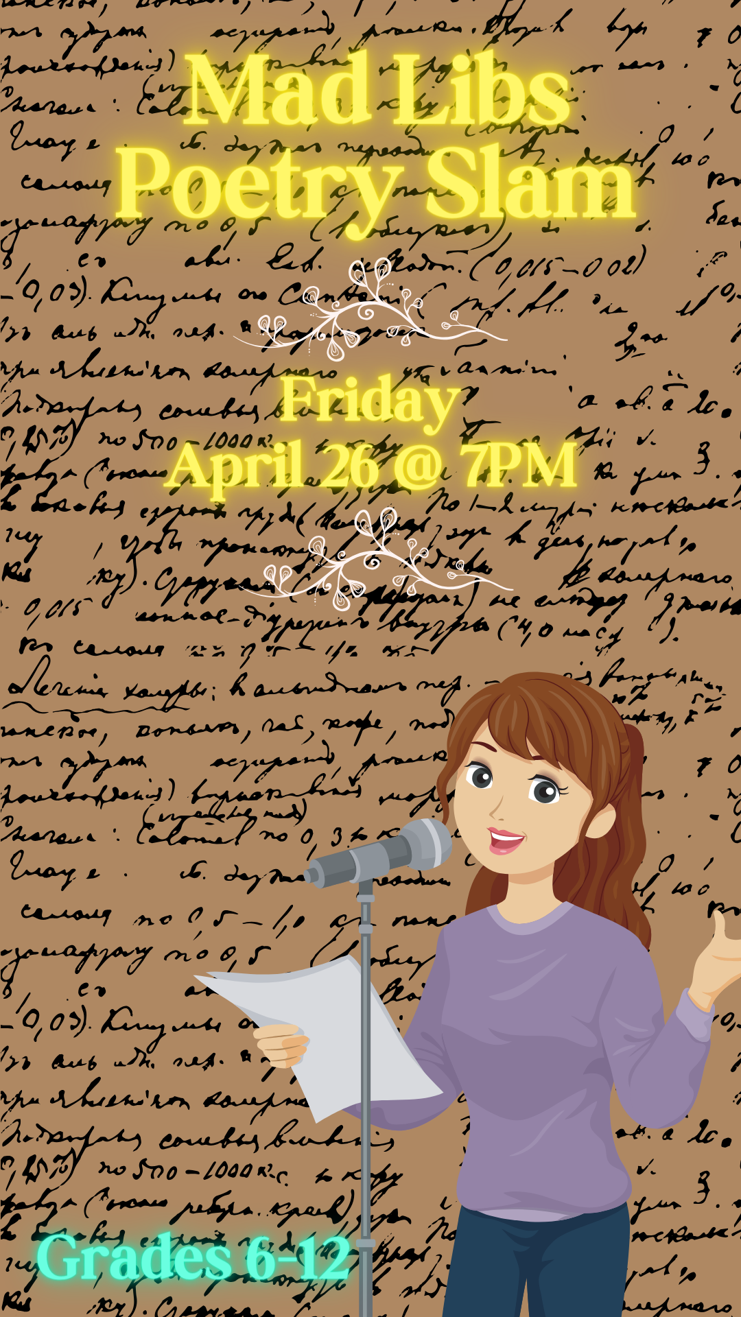 girl talking into microphone while reading from a paper and program details