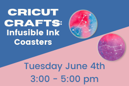 Two coasters decorated with a space print next to a description of the program.