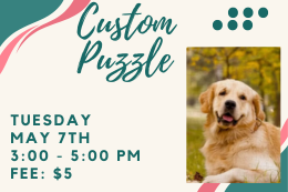 A completed jigsaw puzzle featuring a golden retriever next to a description of the program.