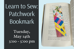 A colorful bookmark placed in an open book next to description of the program.