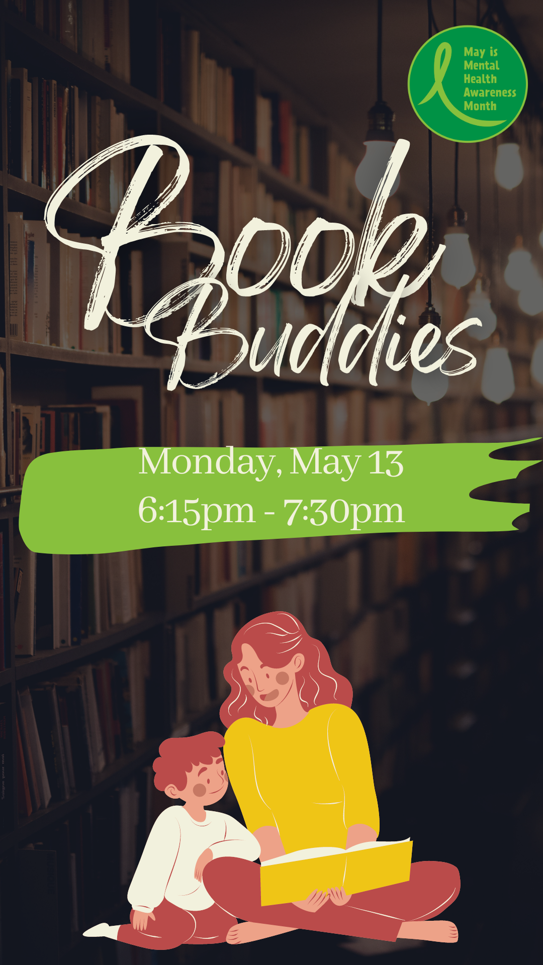 teen and child reading together with program details