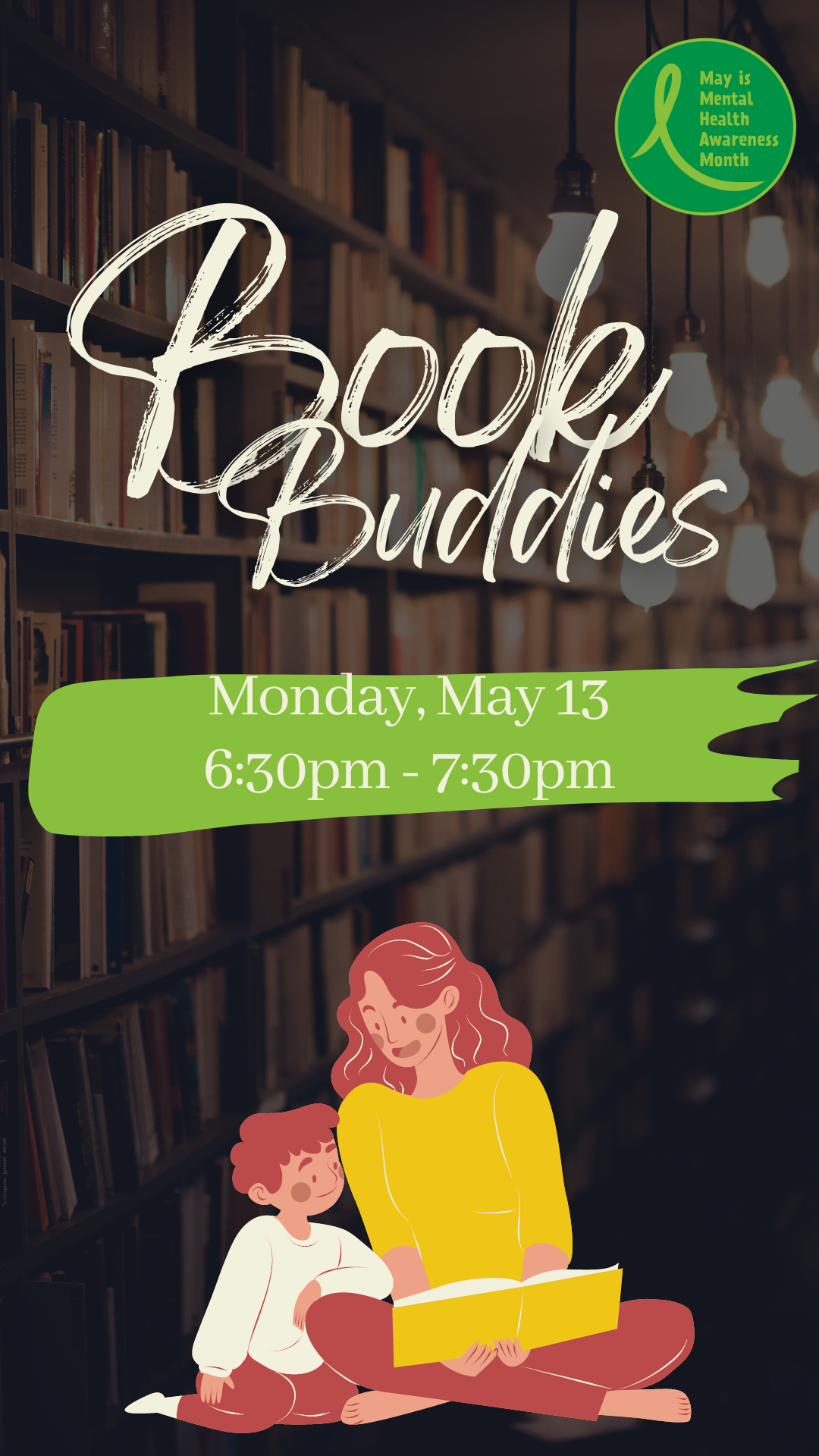 teen and child reading together with program details