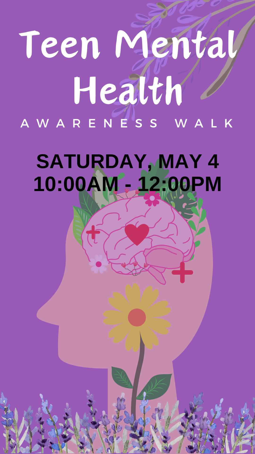 lavender, profile of person with brain and flowers and program details.