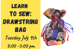 A colorful drawstring with cats on it next to a description of the program.