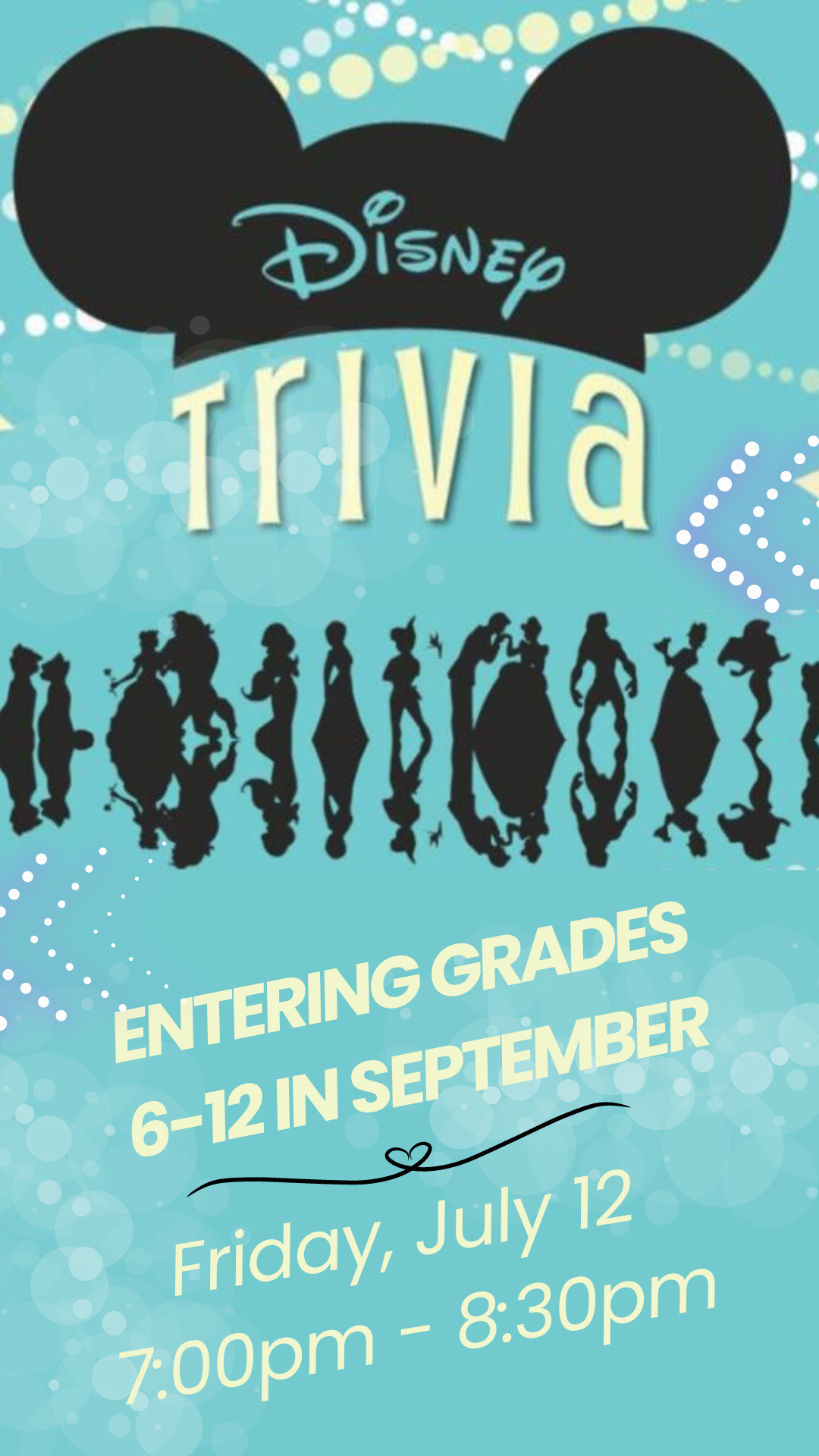 disney mouse ears and silhouettes of characters and program details