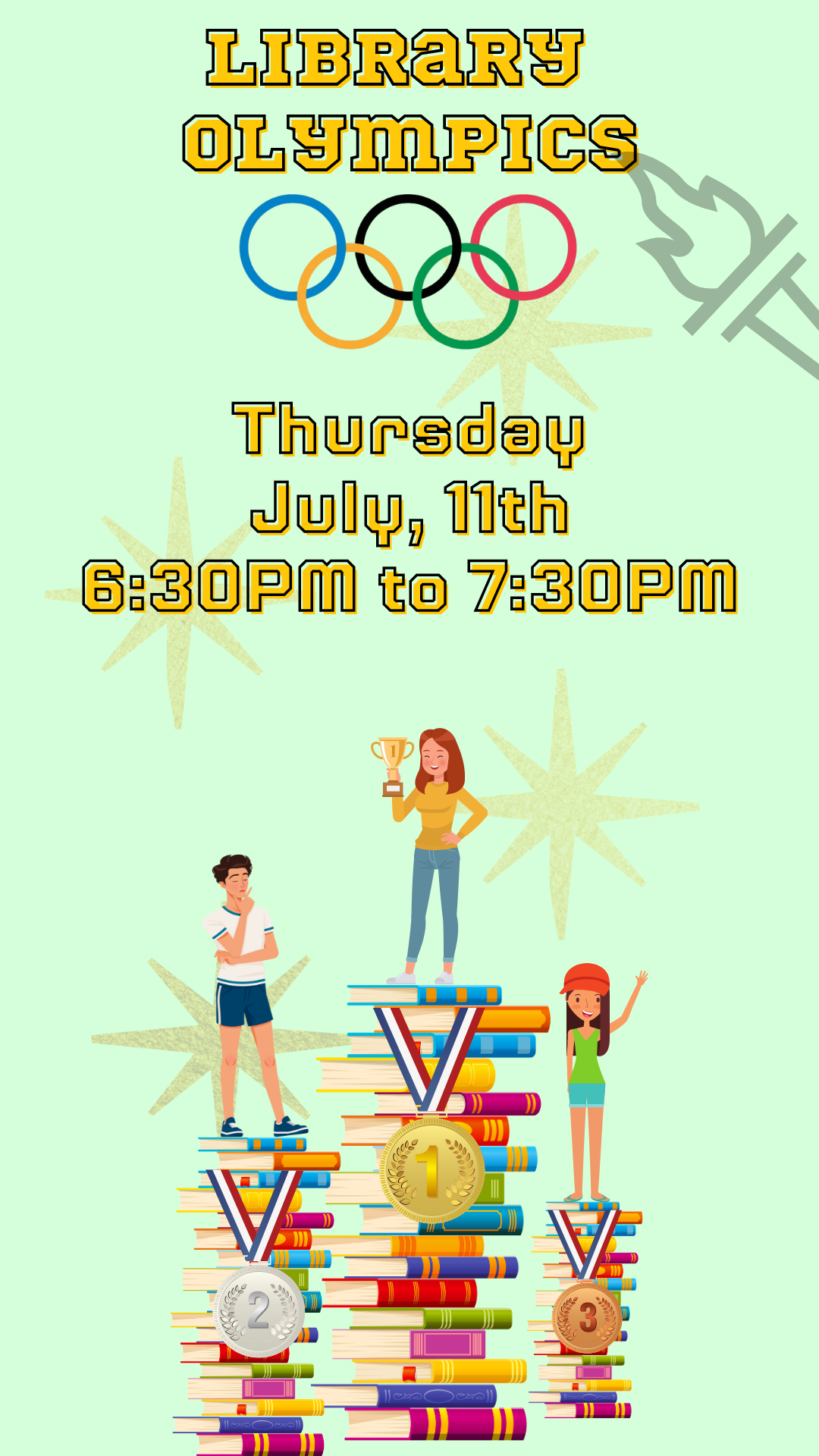 3 people standing on pile of books, Olympic rings and program details