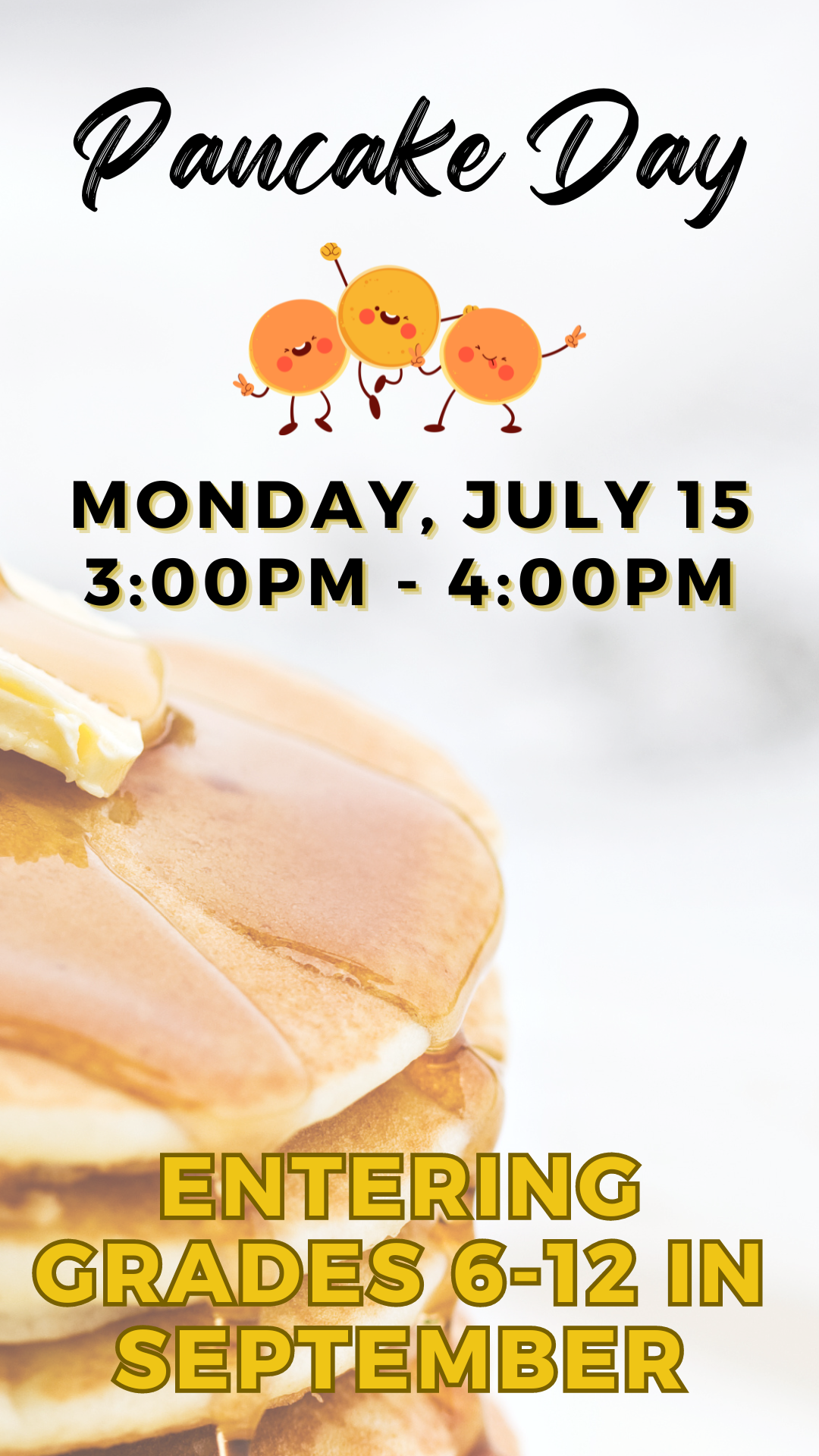 stack of pancakes with butter and program details