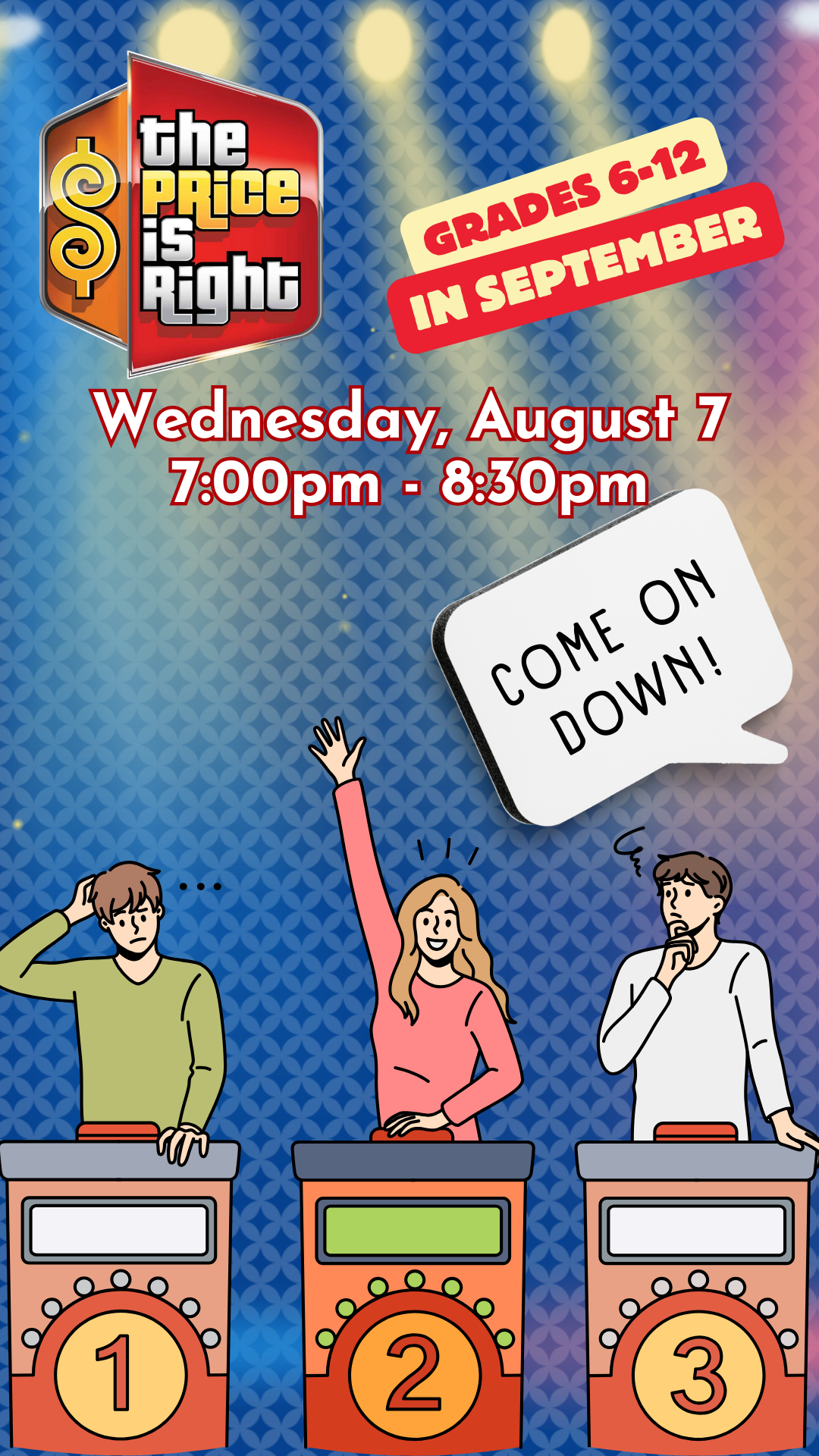 three contestants, price is right logo, and program details