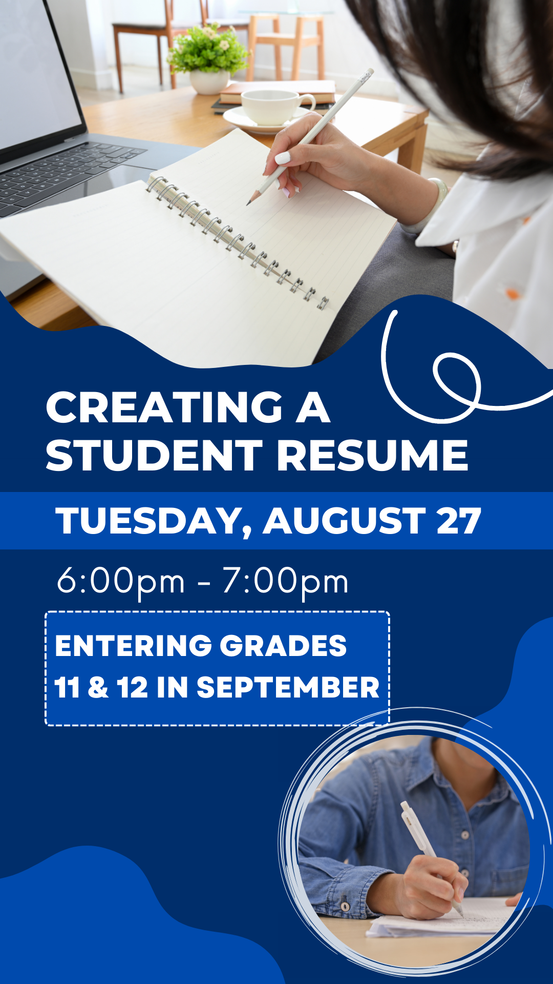 two pictures of teens writing, blue background and program details