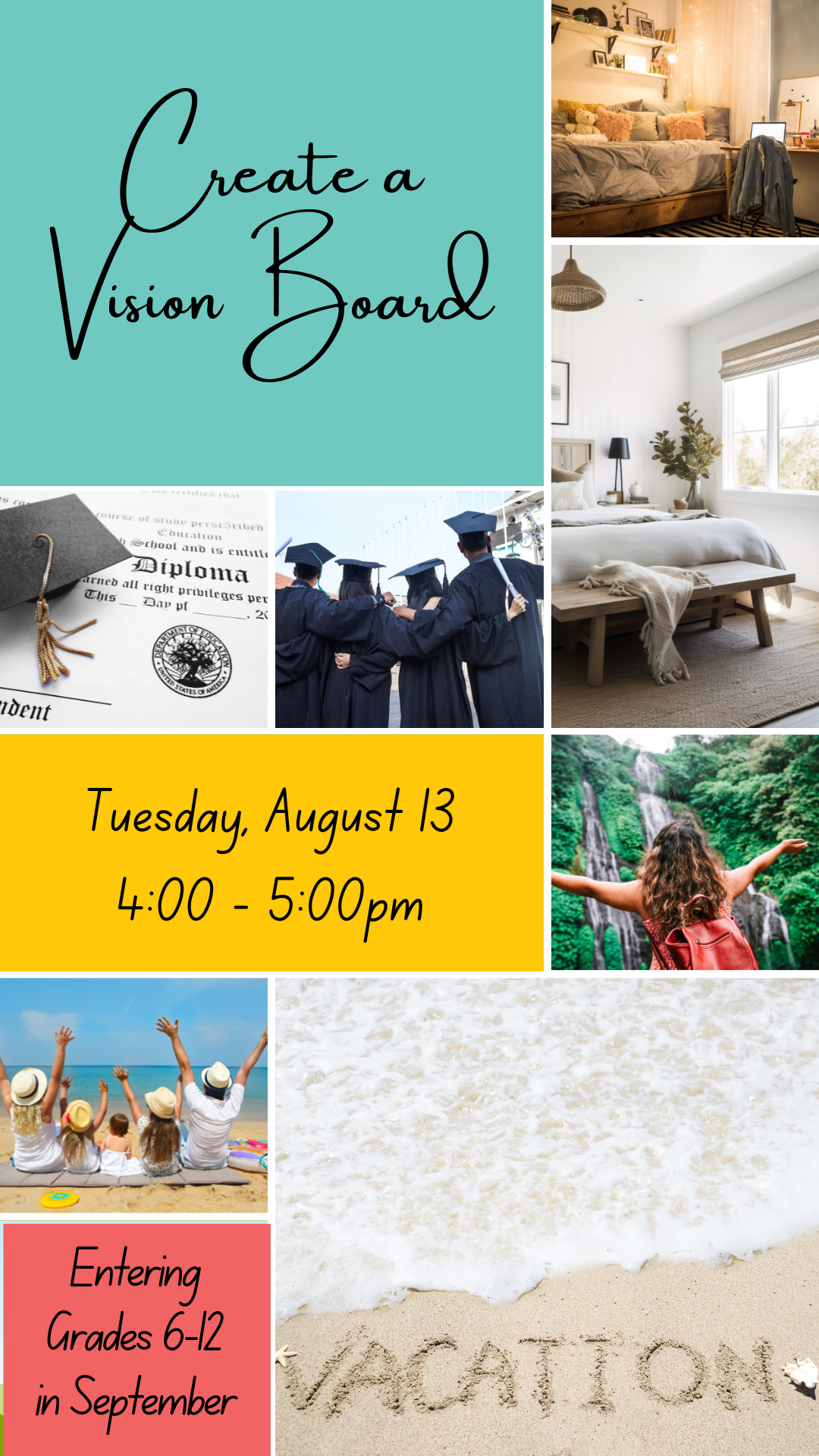 various vacation and high school pictures and program details