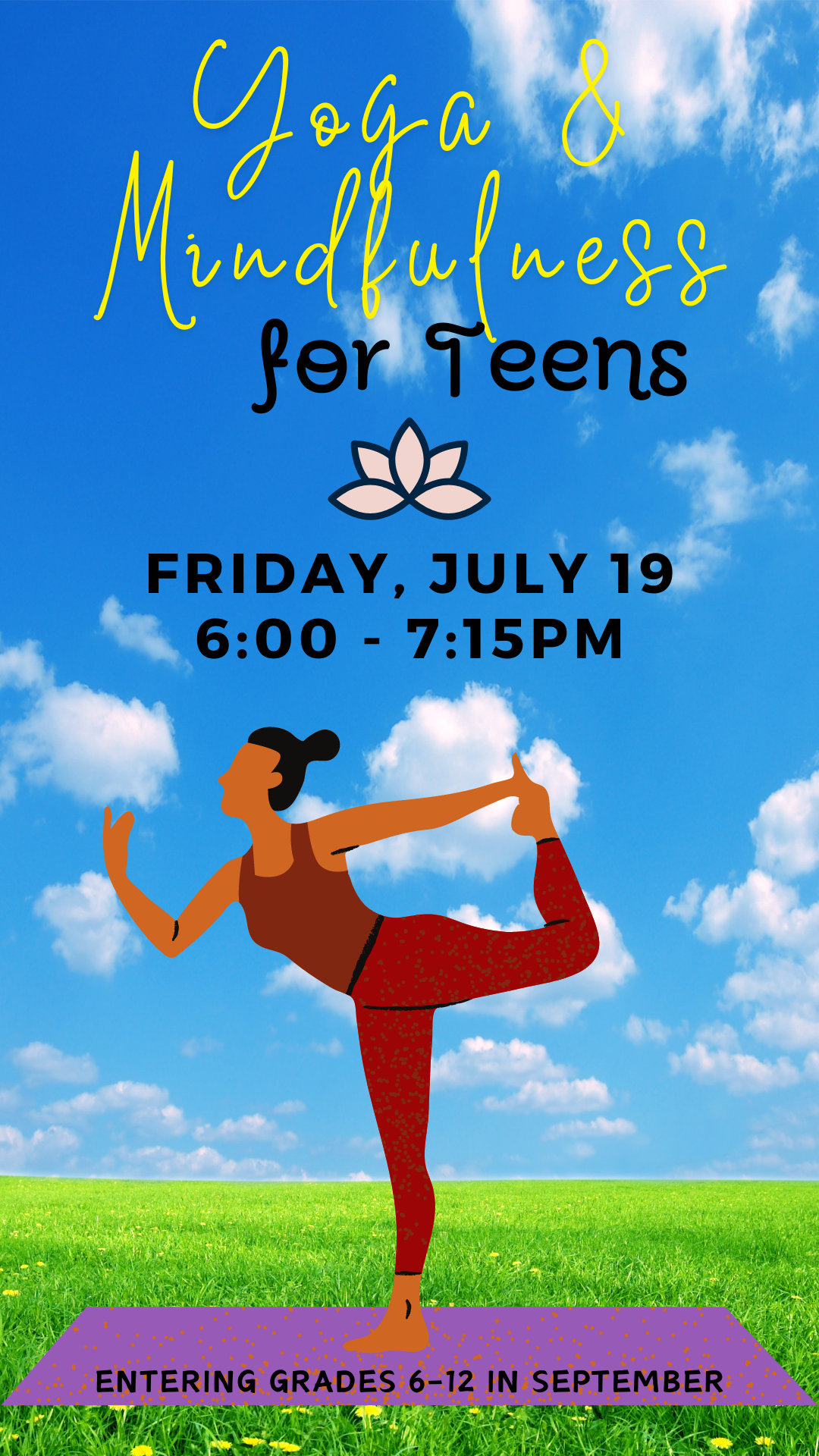 person doing yoga outside with program details