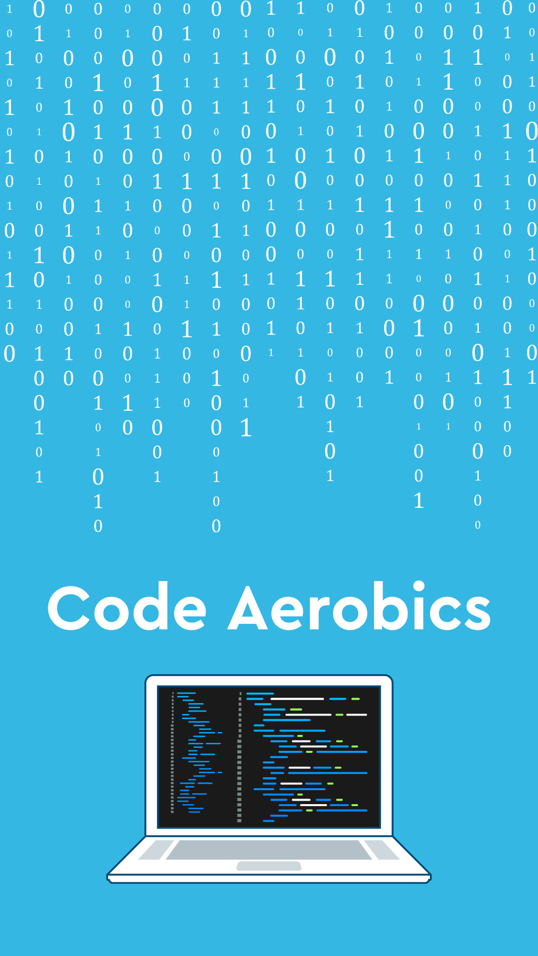 Blue background with an image of a computer and bunch of numbers. White text reads "Code Aerobics".