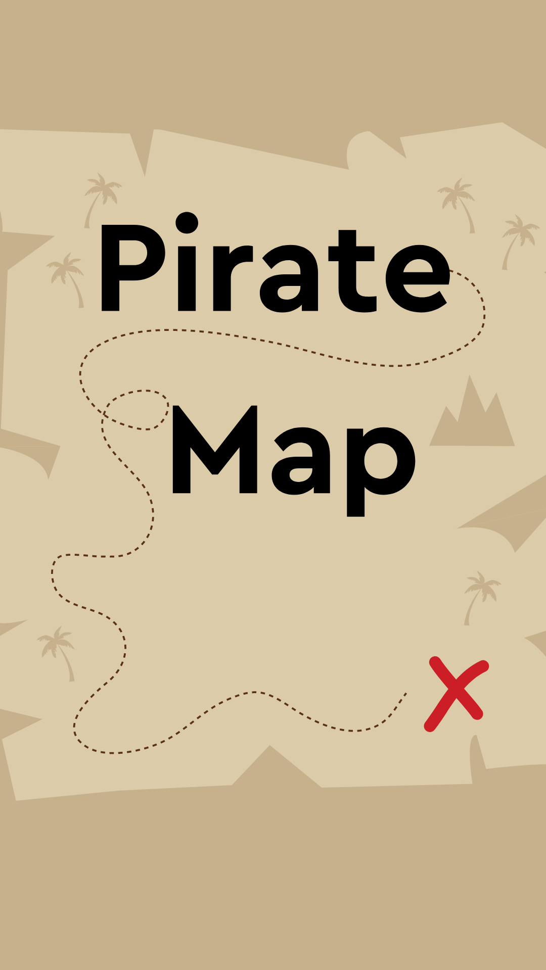 Light brown background with an image of a map (x marks the spot). Black text reads "Pirate Map".