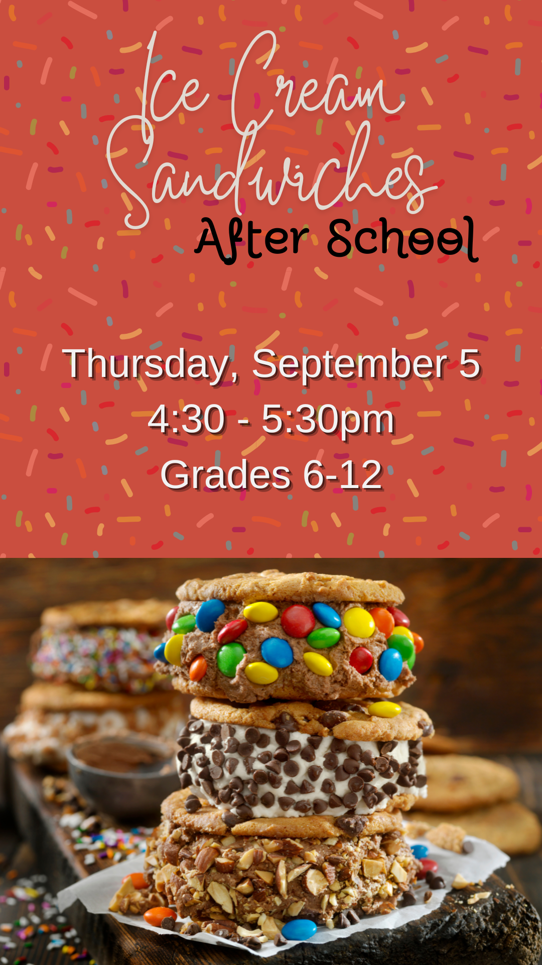 sprinkles background, homemade ice cream sandwiches, and program details
