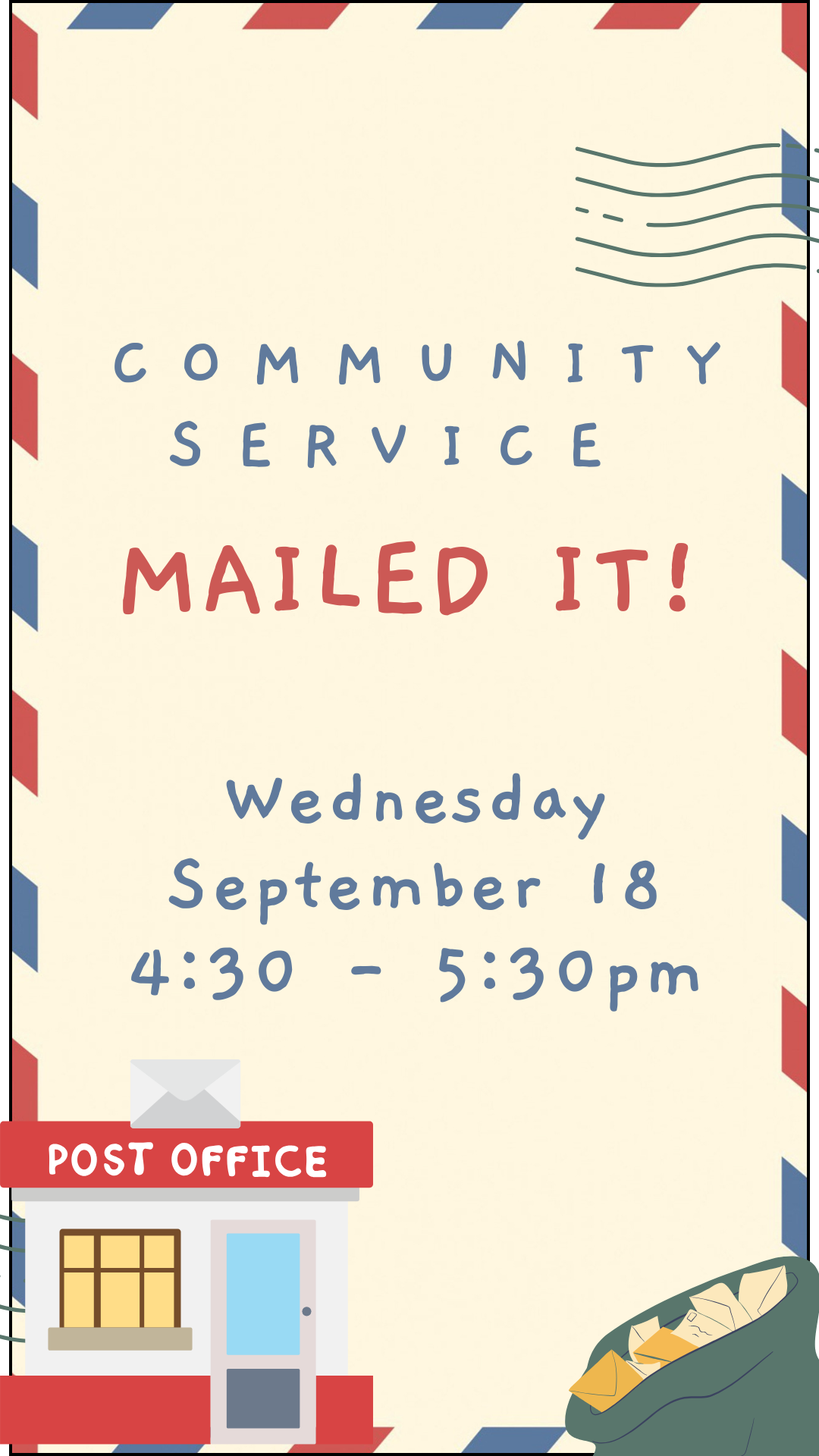 cartoon post office and mail bag with program details