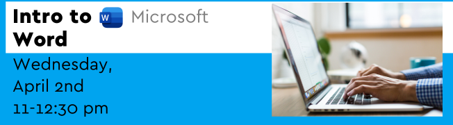 Intro to MS Word Blue and White background with picture of a laptop