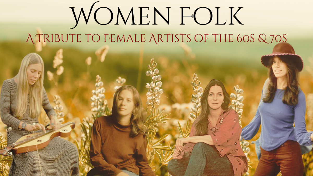Joni Mitchell, Carole King, Judy Collins and Carly Simon sitting in a wildflower meadow