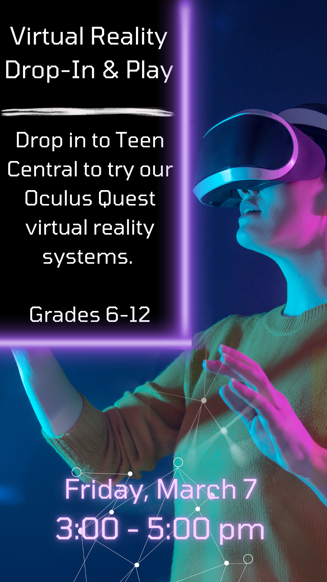 teen playing virtual reality with program details