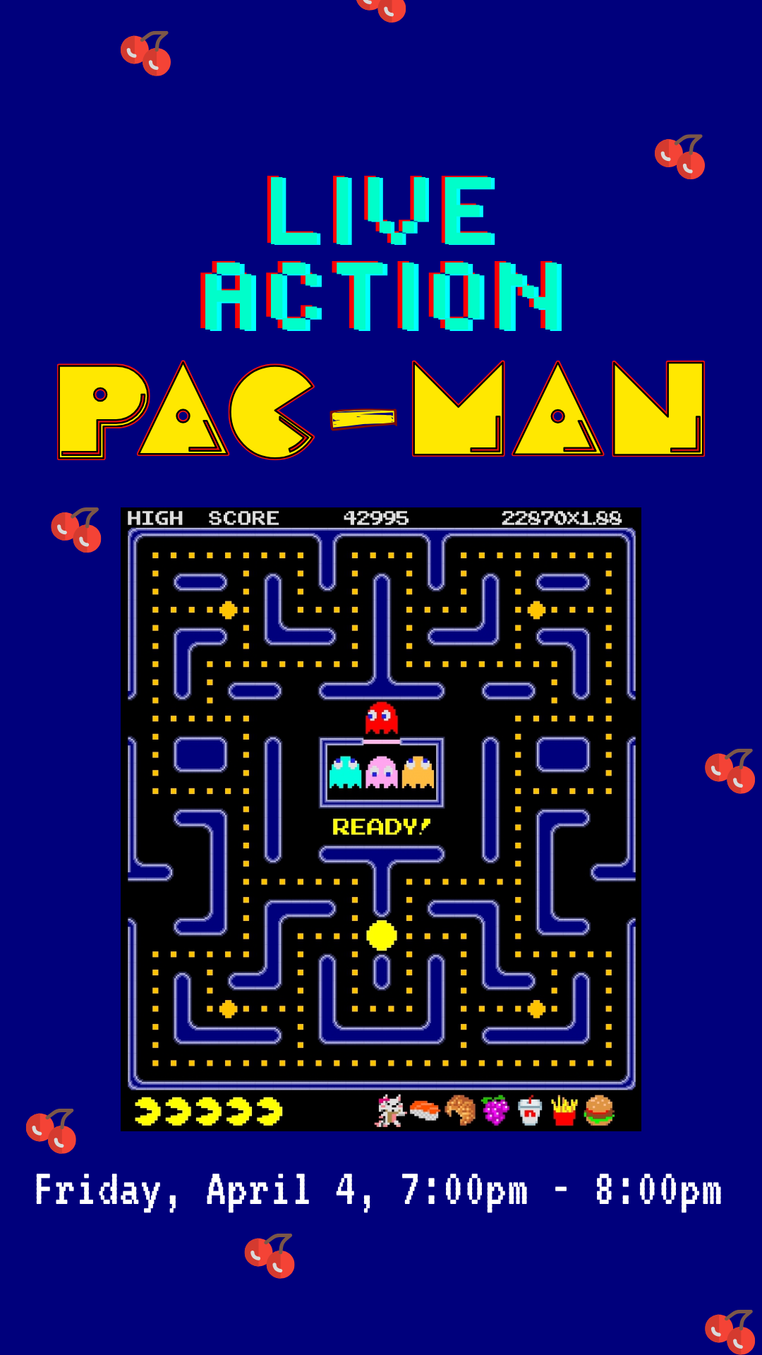 pac-man arcade game screen with gaming font, cherries in the background and program details