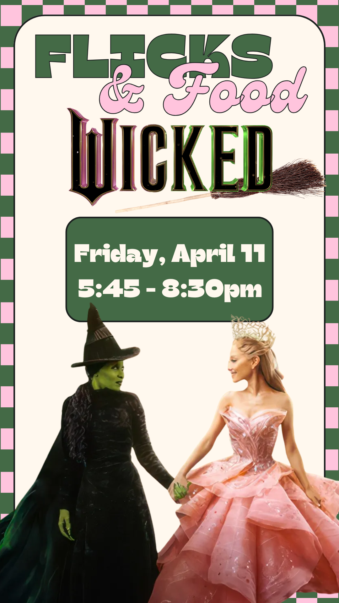 wicked title page with movie images of elphaba and glinda and program details