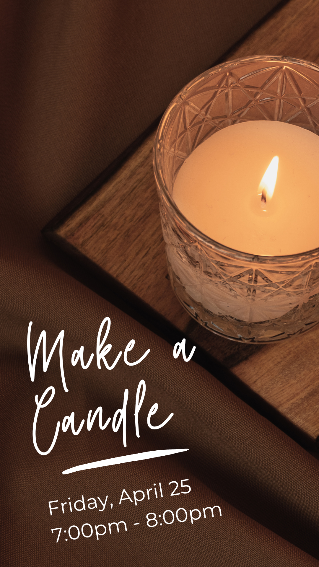 brown background with a lit candle on a table and program details