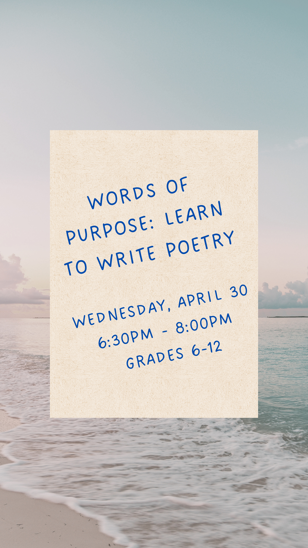 ocean and sand background with paper upfront and program details written on it to resemble a poem