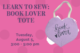 A lavender tote with the phrase "Book lover" next to description of the program.