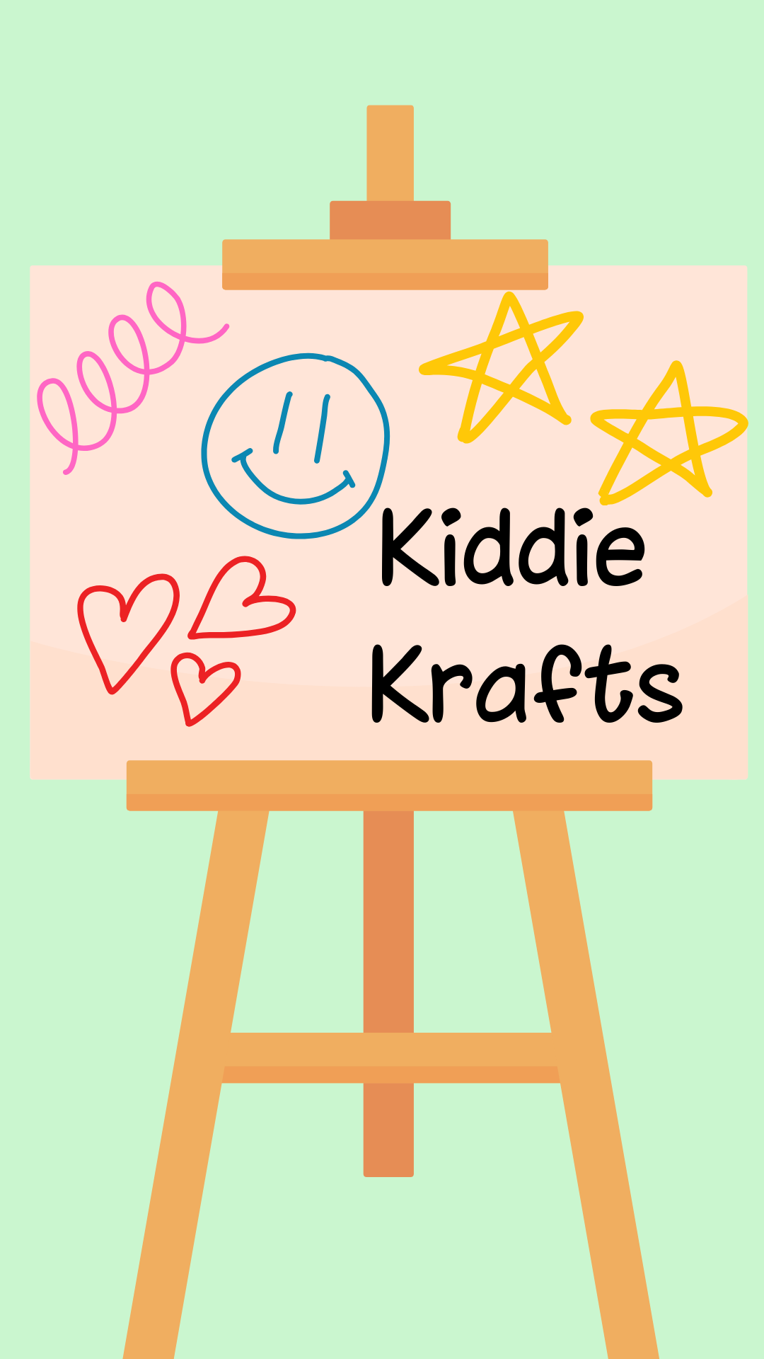 Teal background with an easel with board that says Kiddie Krafts 