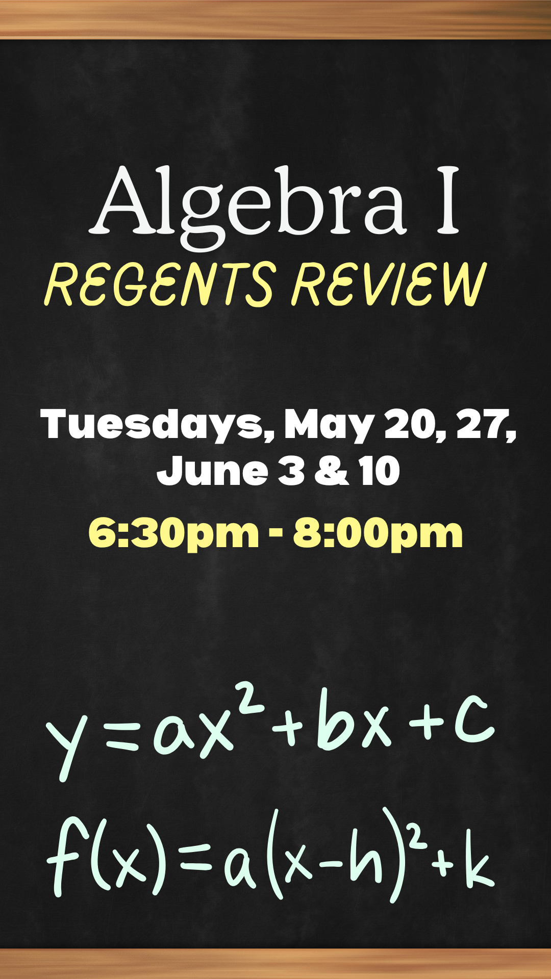 program details and algebra equations on a black chalkboard