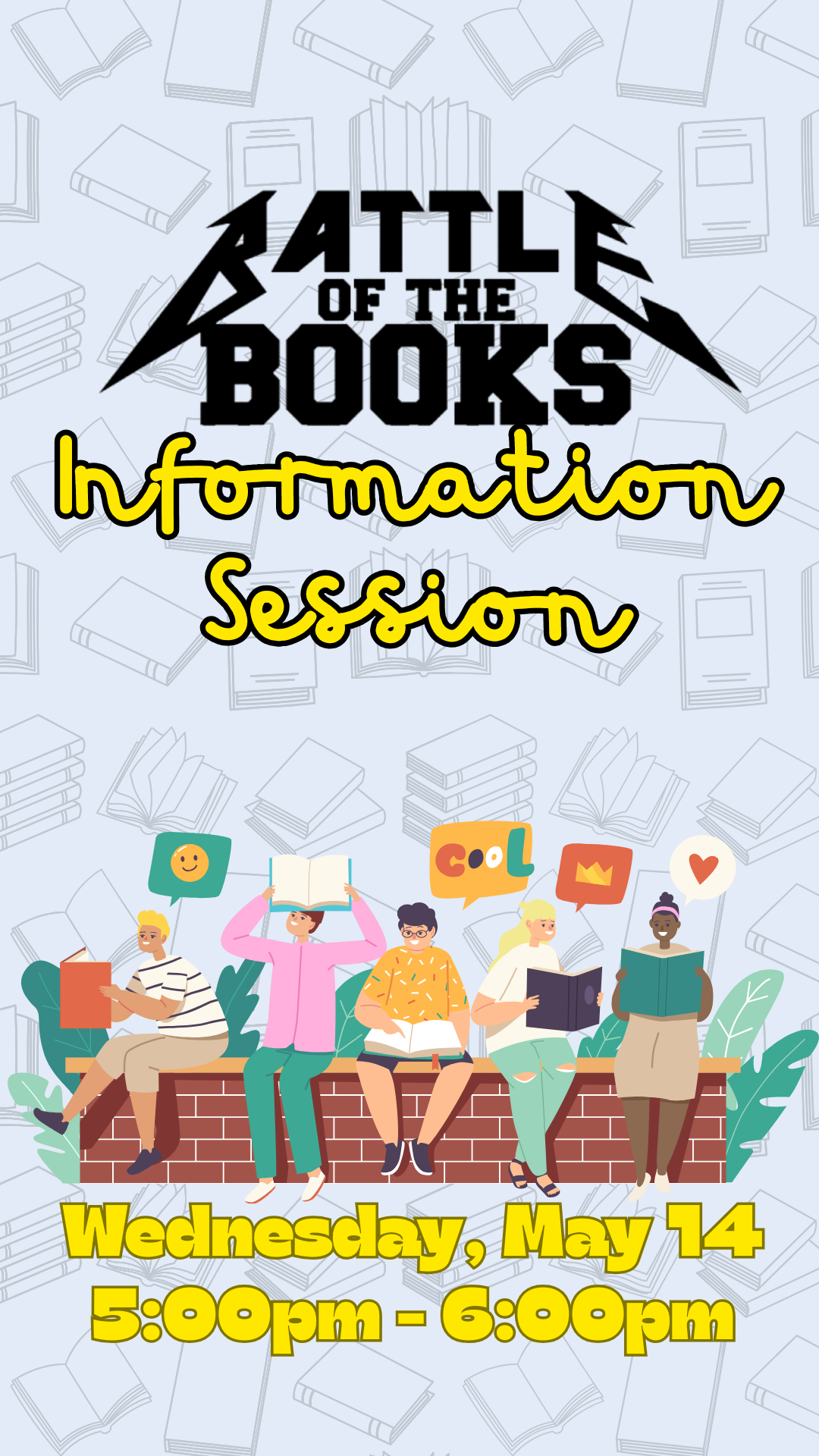 cartoon kids on a brick wall holding books with program details