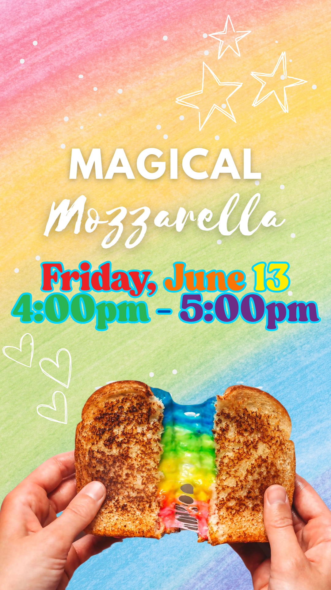 Rainbow grilled cheese with a rainbow background and program details