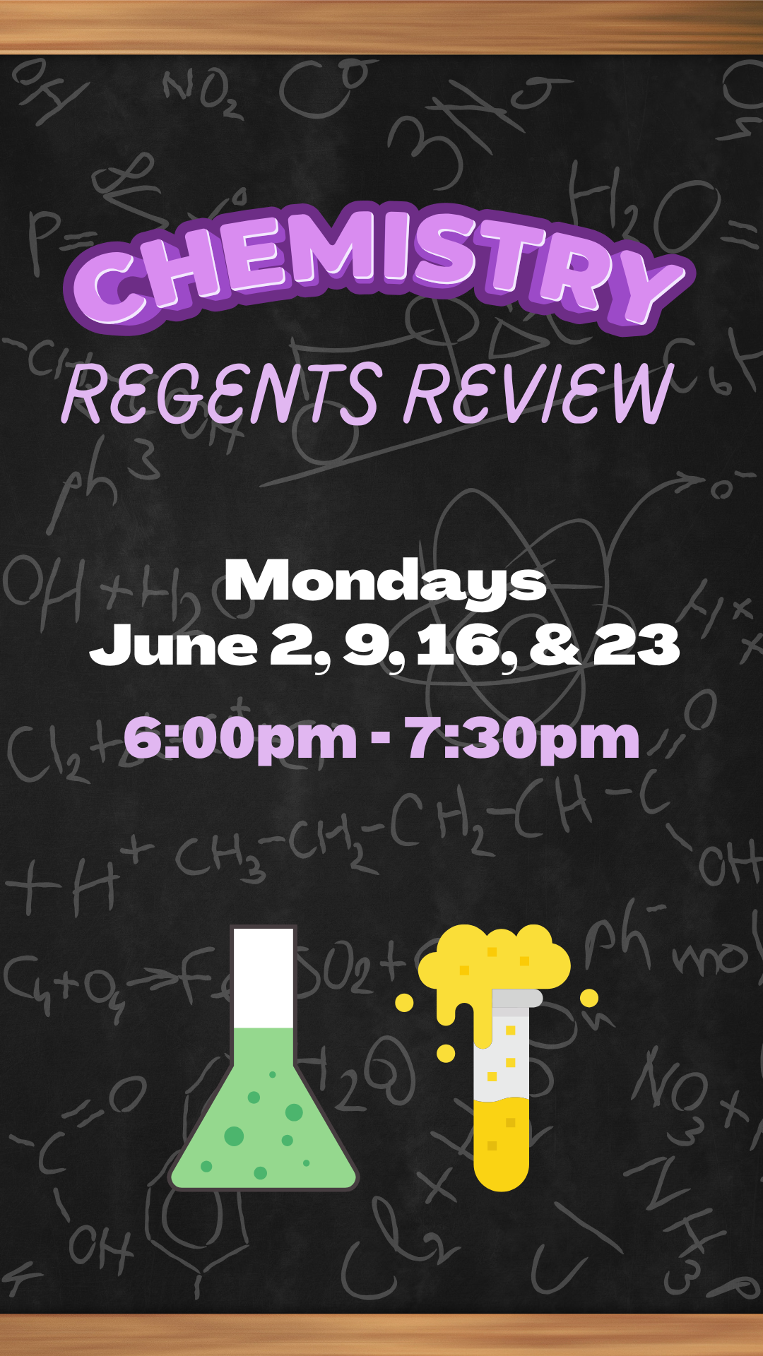 chemistry instruments and equations on a blackboard with program details