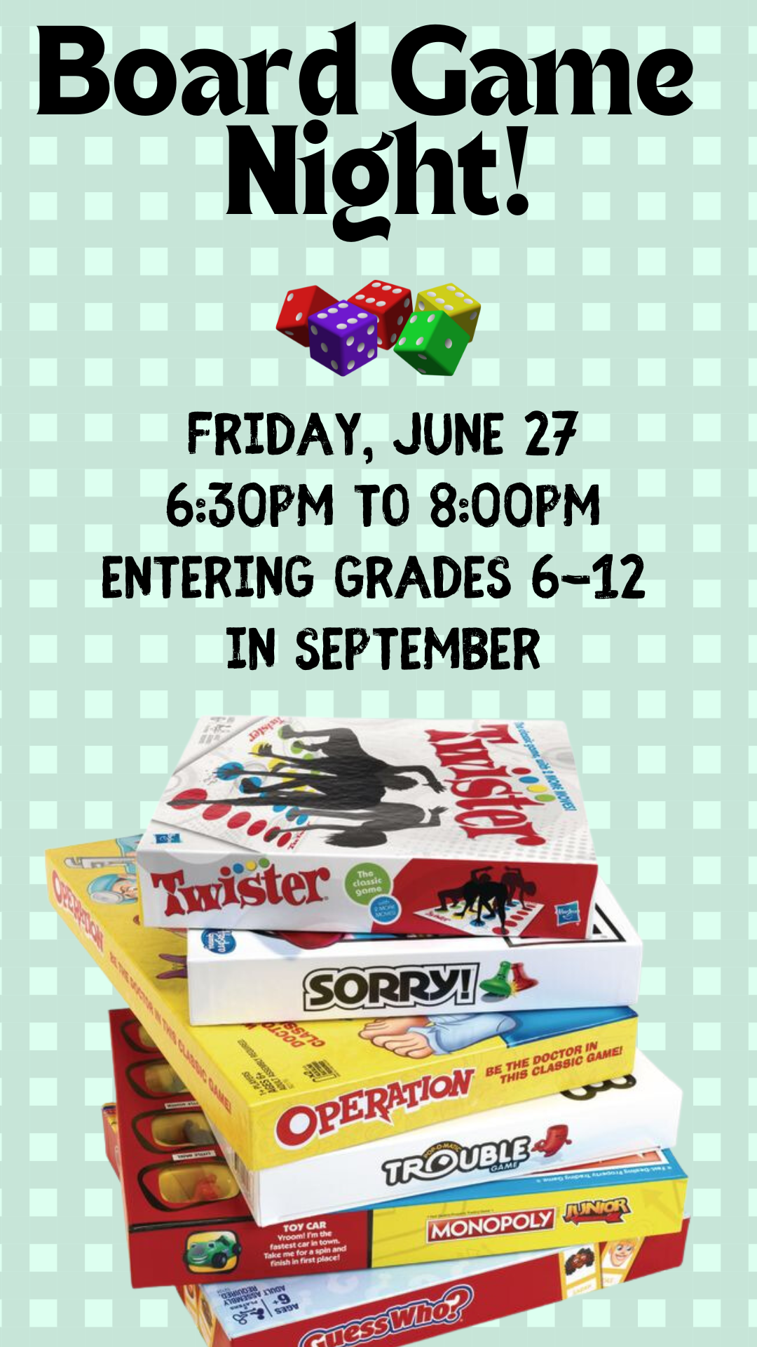 pile of board games with program details