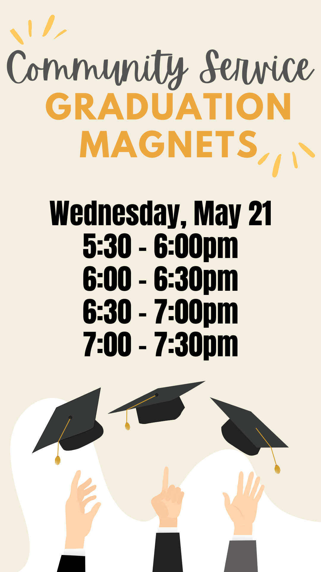 cartoon hands with graduation caps in the air and program details