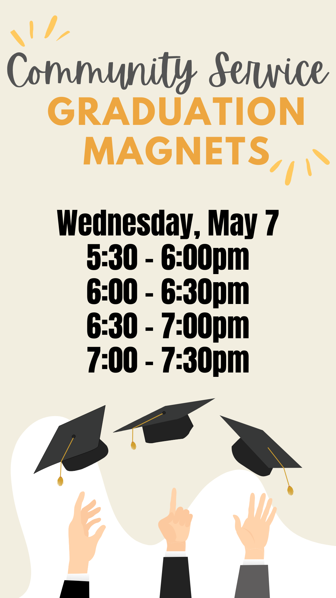 arms throwing graduation caps in the air and program details