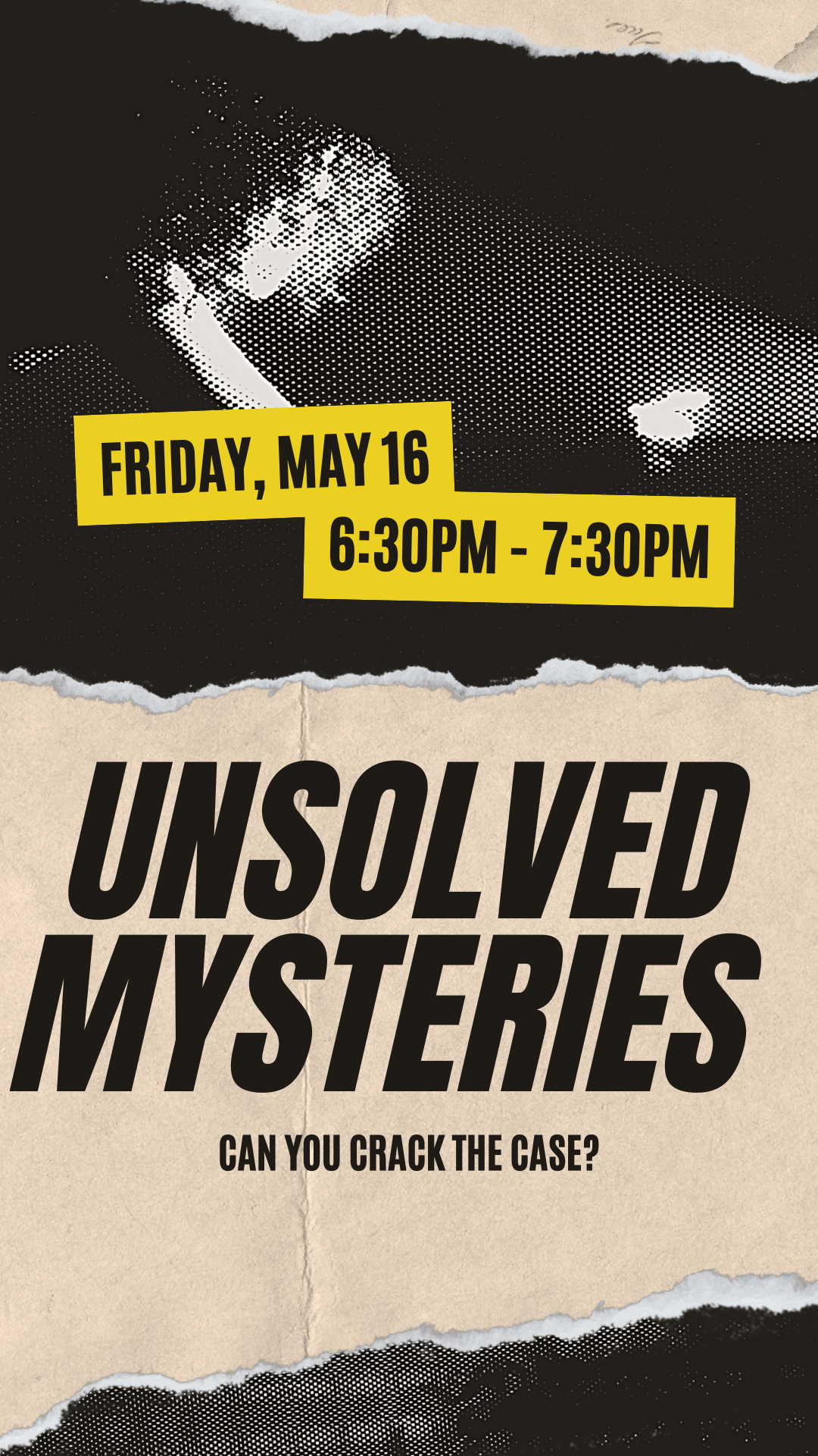 program details on black and tan background