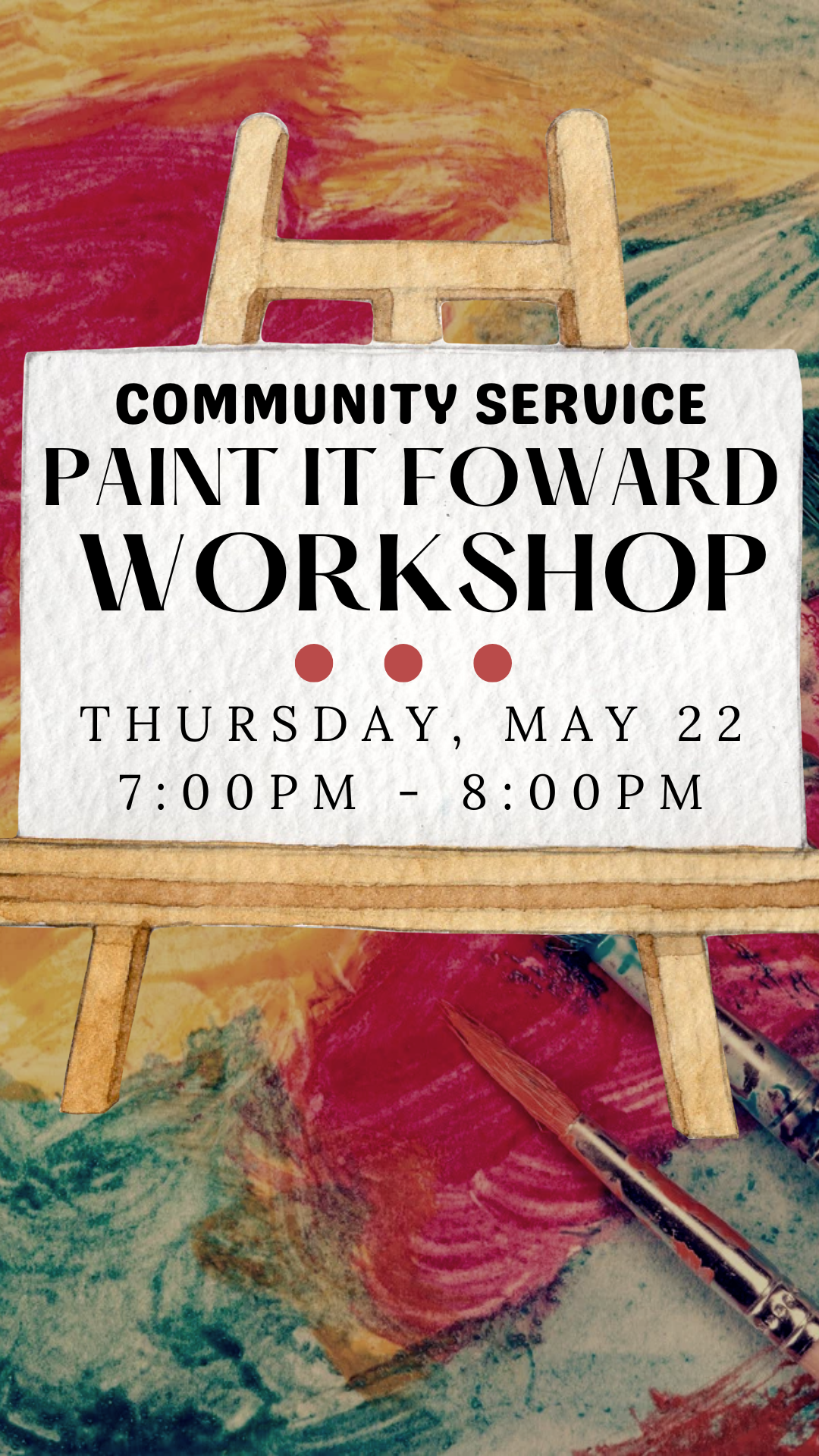 splattered paint and paint brushes in the background with a cavass up front and program details