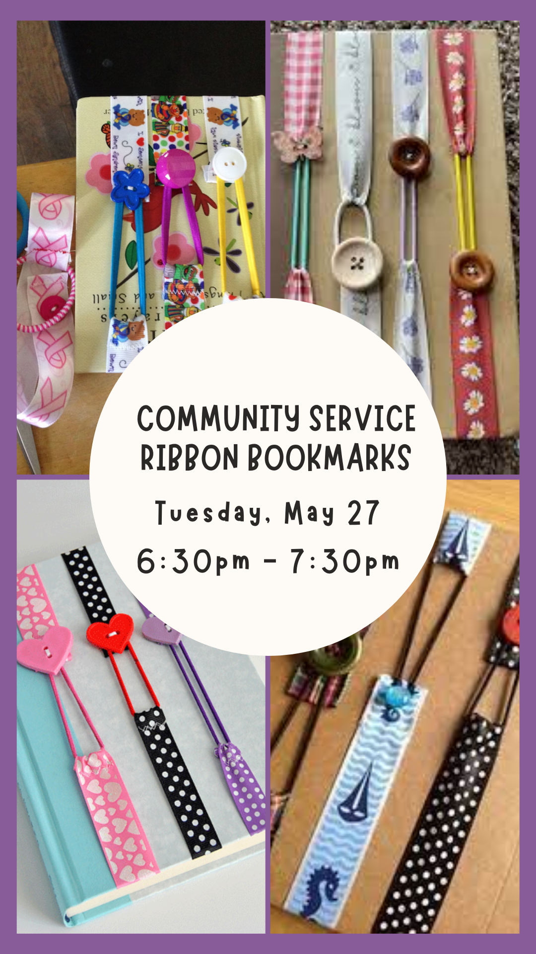 four different pictures of bookmarks made out of ribbon and buttons and program details