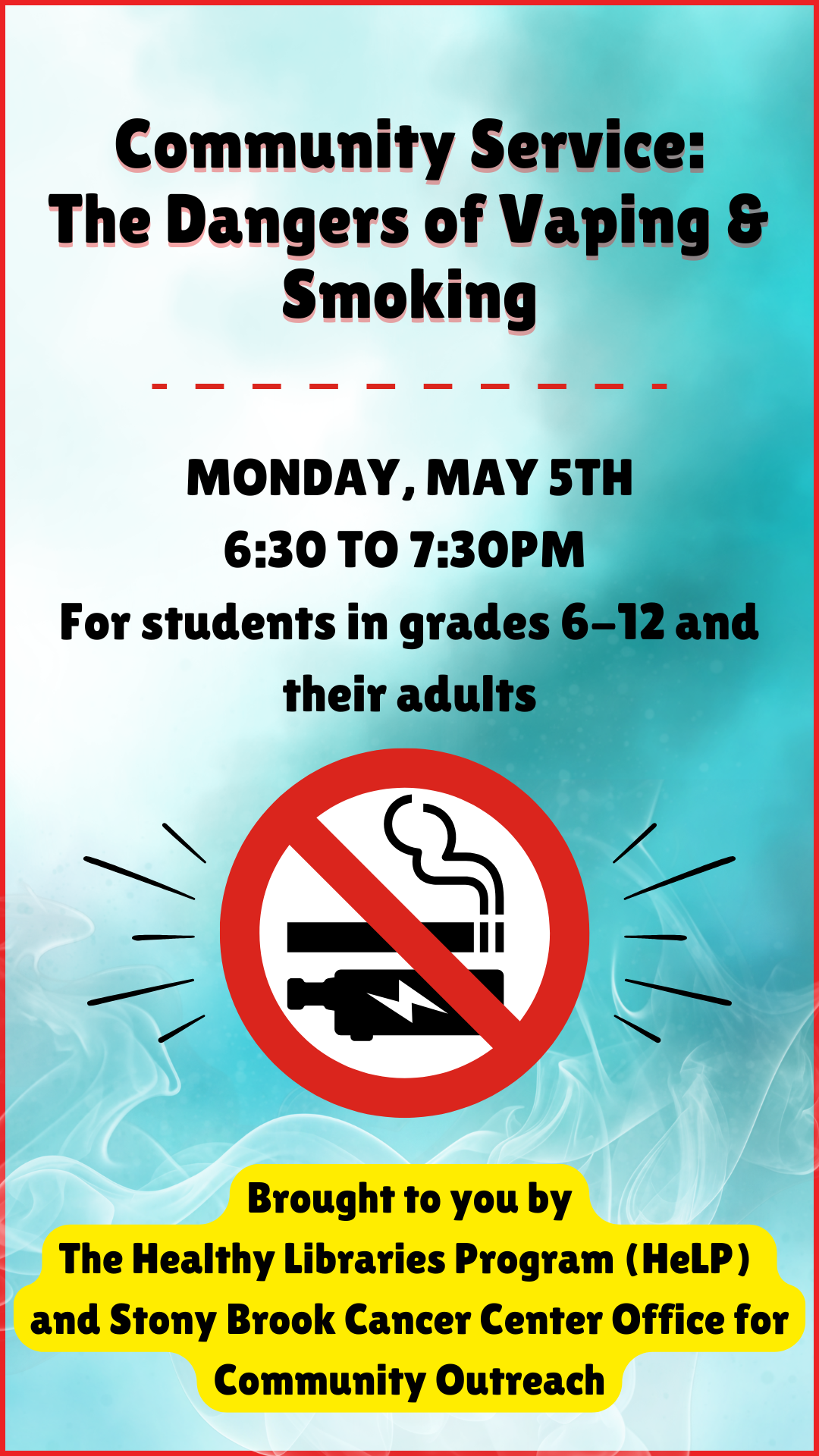 cartoon cigarette and vape pen with a red circle around it and a line through it. Program details.