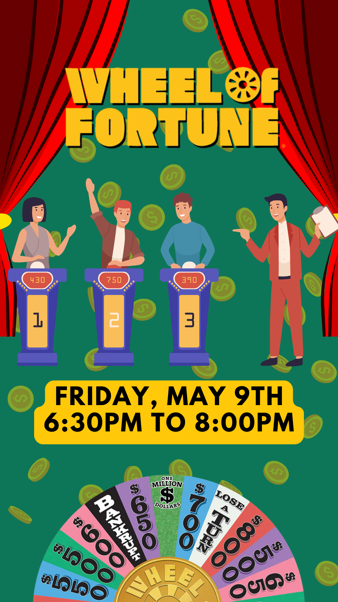 wheel of fortune logo and wheel with four contestants and program details