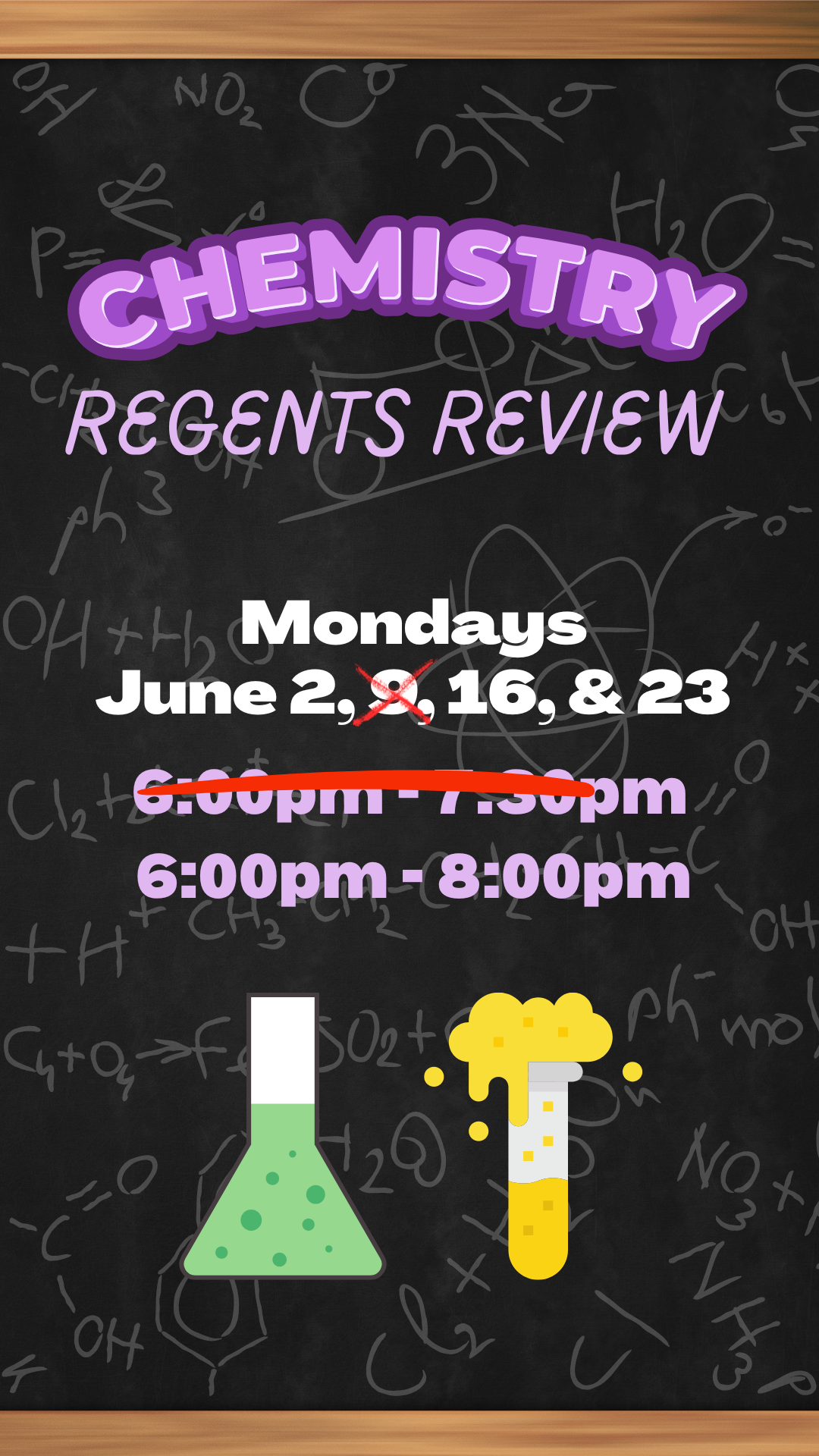 chemistry instruments and equations on a blackboard with program details