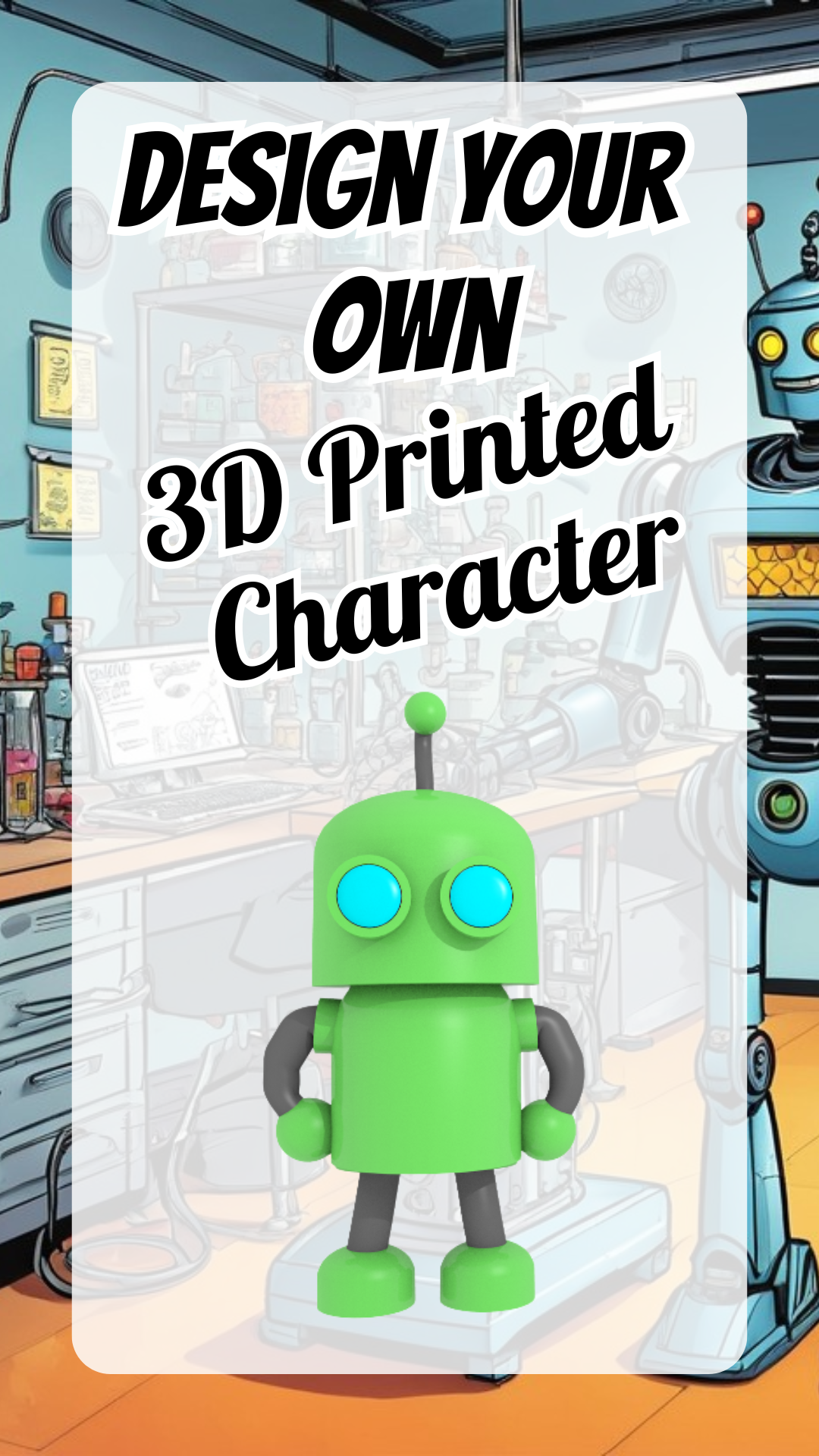 a green robot with a classroom background 