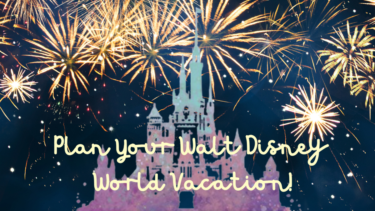 Cinderella's castle in silhouette with fireworks above.