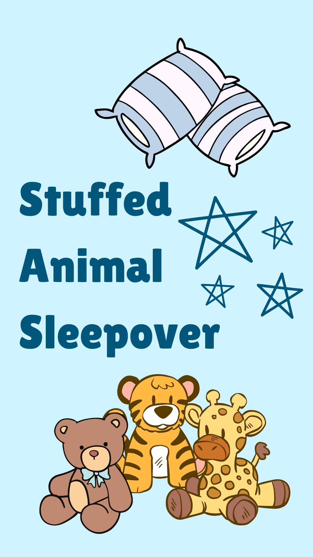 two pillows and three stuffed animals: a bear, tiger and giraffe on a light blue background.
