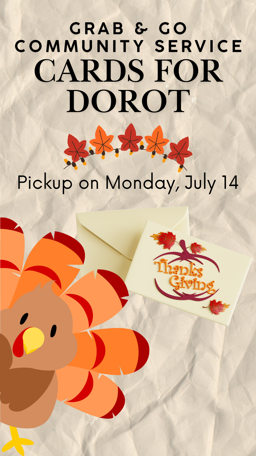 crumbled paper background, a turkey peaking from the side and program details