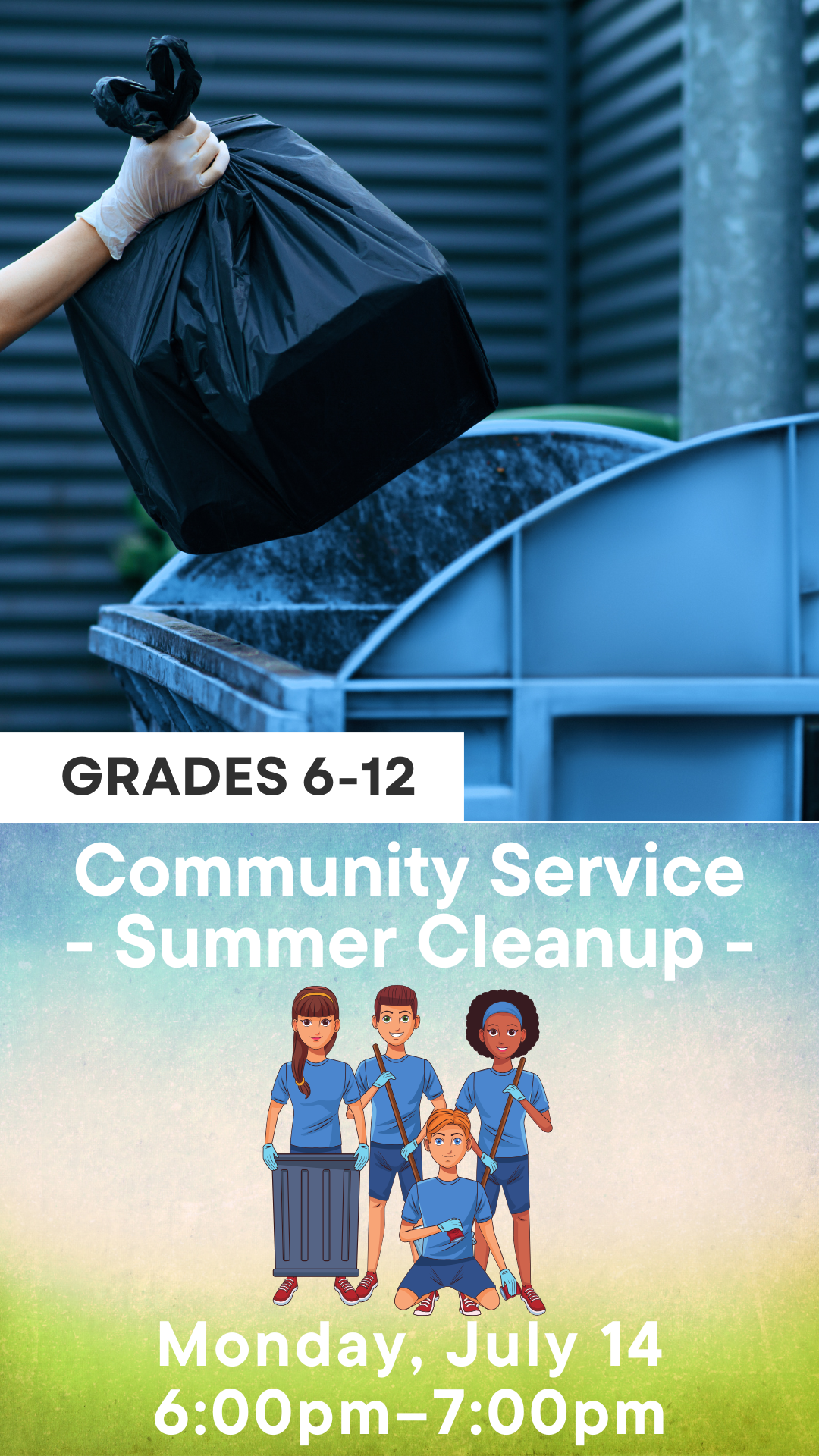 garbage going into a dumpster, cartoon kids posing before cleaning up, and program details