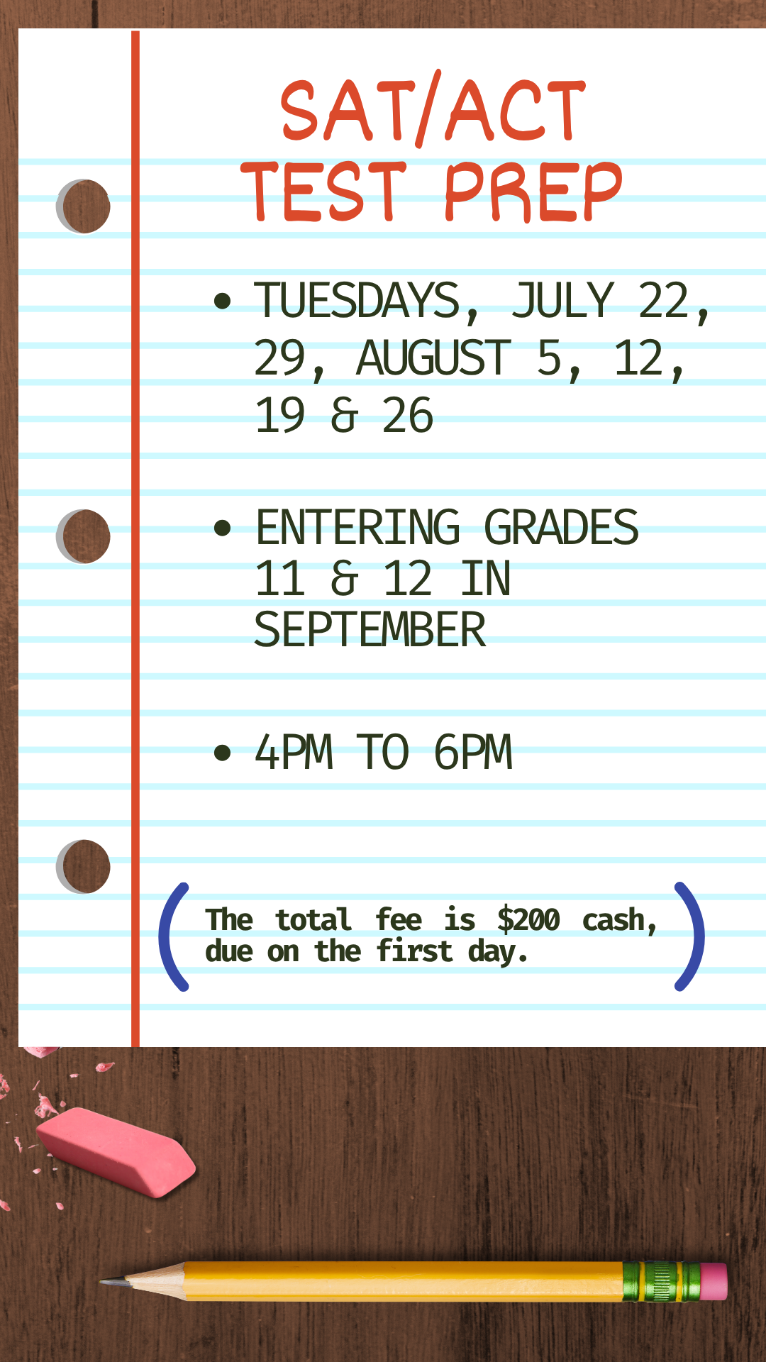 program details on a sheet of loose leaf with a pencil, and eraser