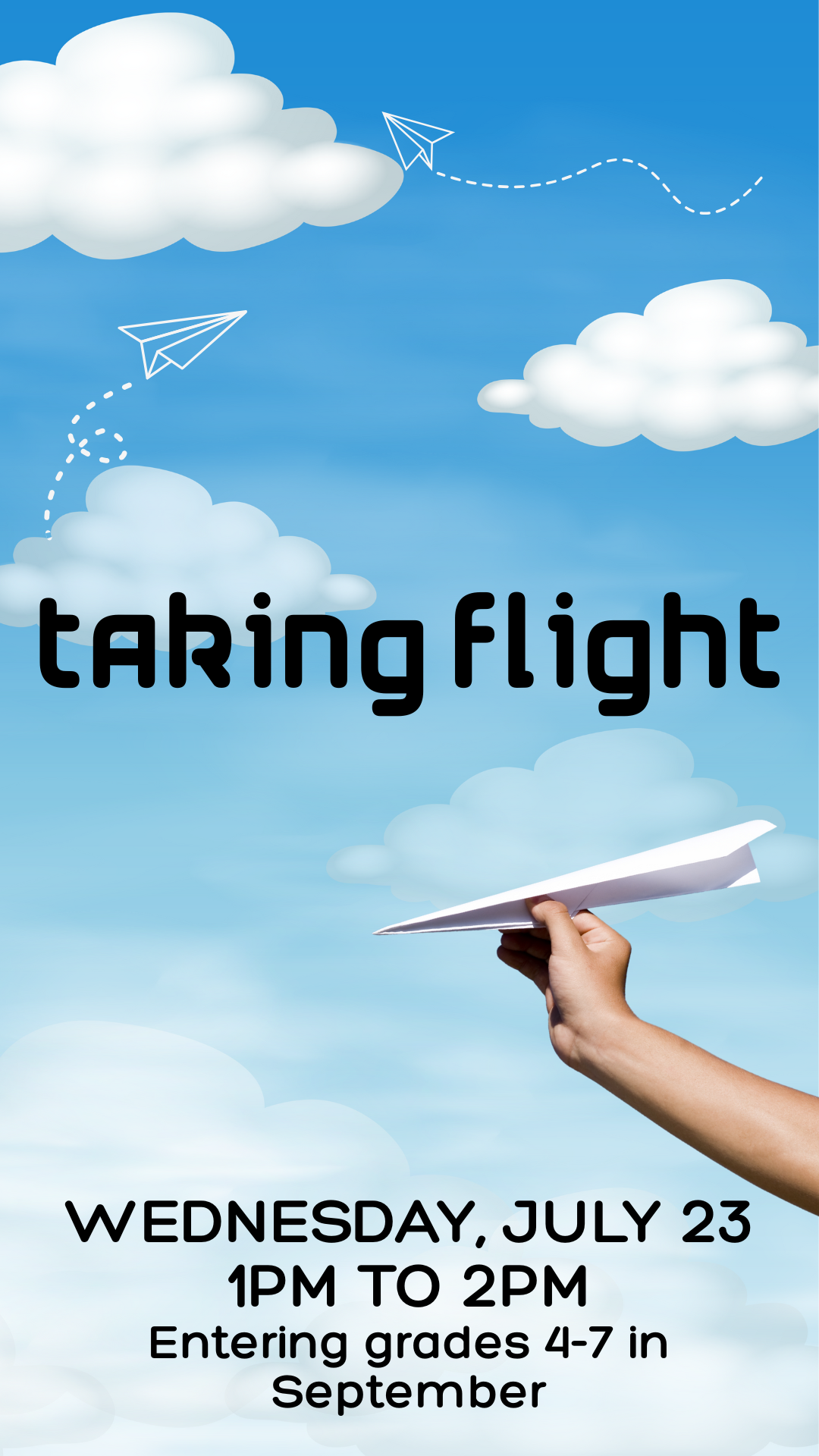 sky background with paper planes and program details