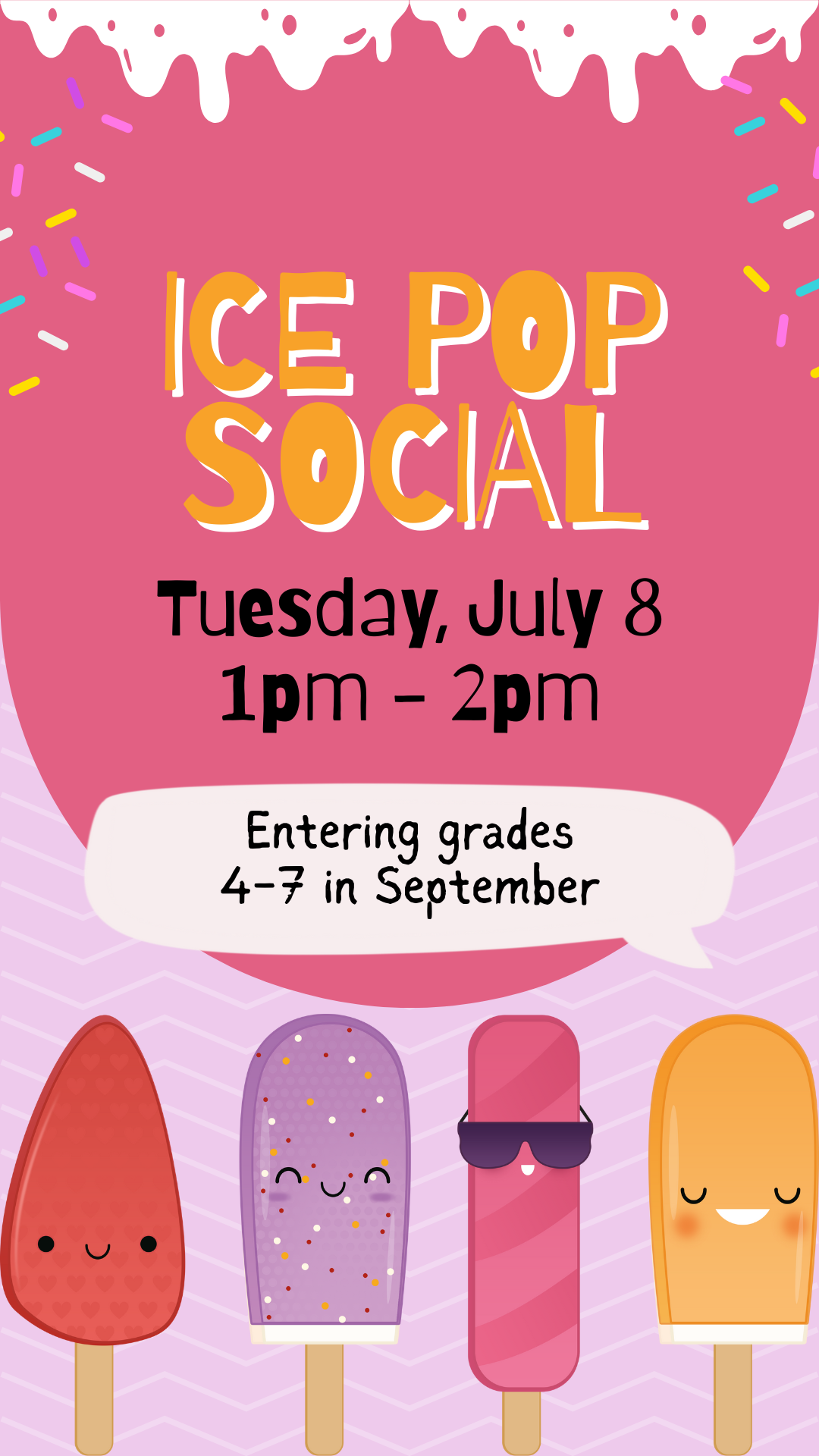 four ice pops with faces and program details